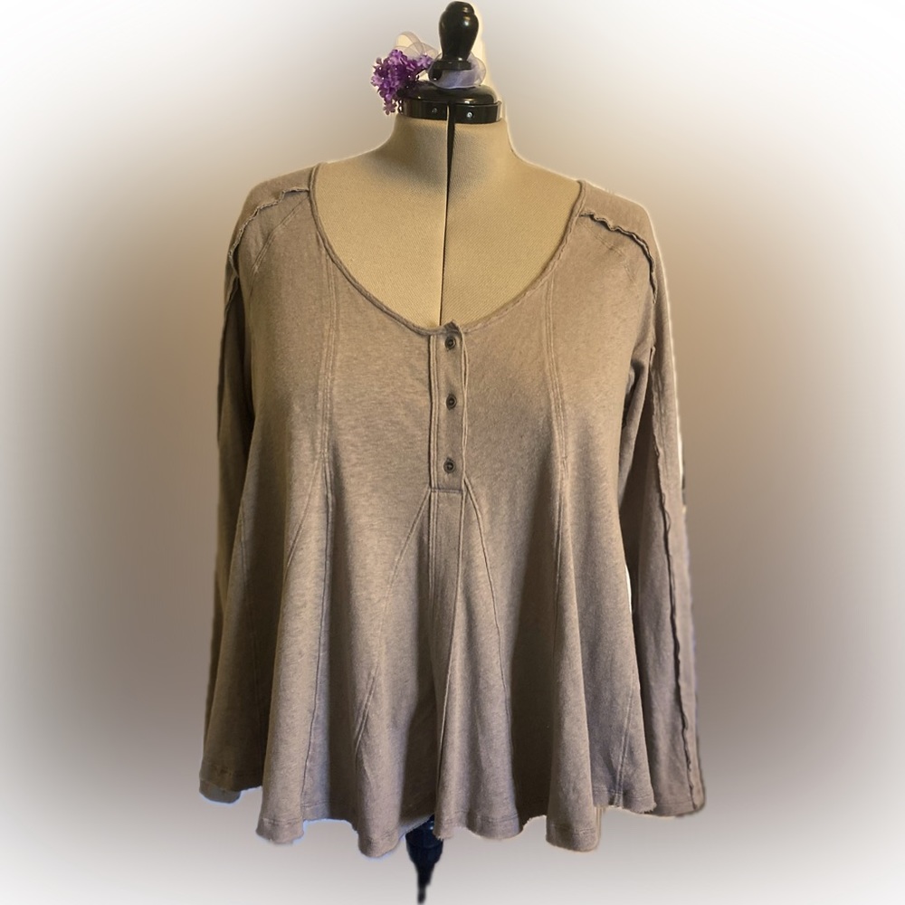 Free People Cotton-Linen Blend Long Sleeve Button Tee, Size Large
